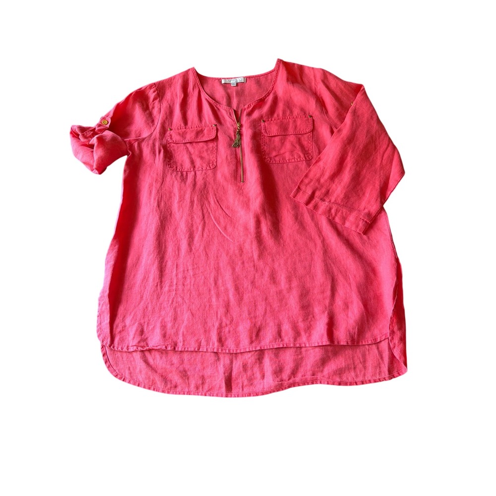 Company Ellen Tracy Tunic Coral Linen Split Neck Half Zip Roll Tab Top EFSQ3014